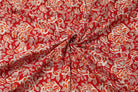 Crimson Rosewood floral block print cotton fabric gathered to showcase drape and texture