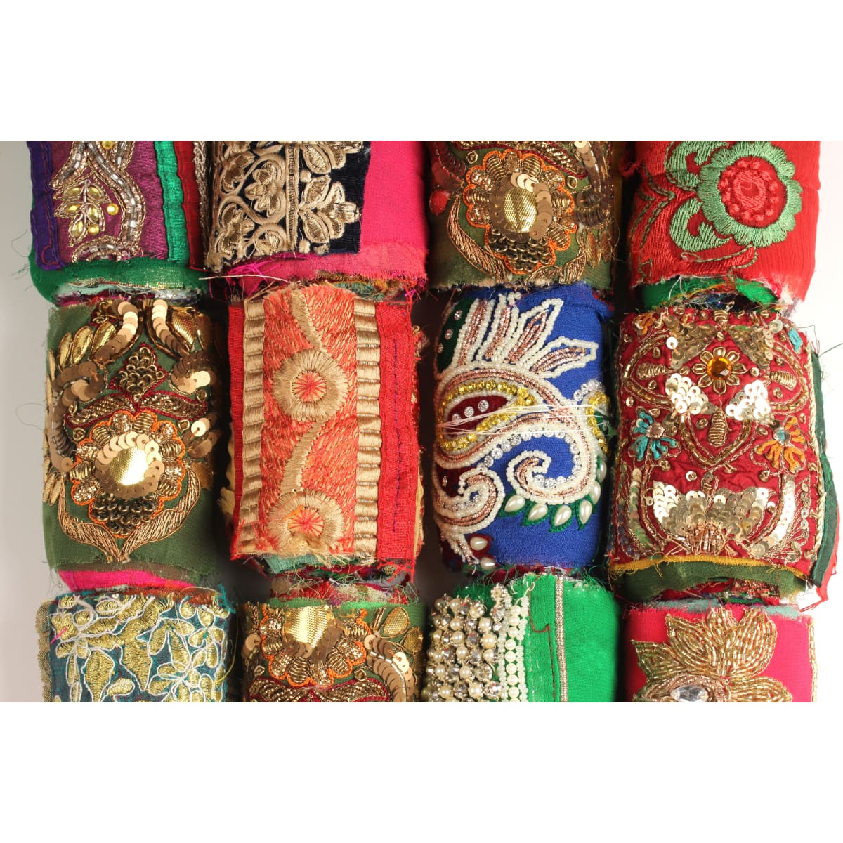 Close-up of embellished Saree Silk Ribbon with decorative patterns