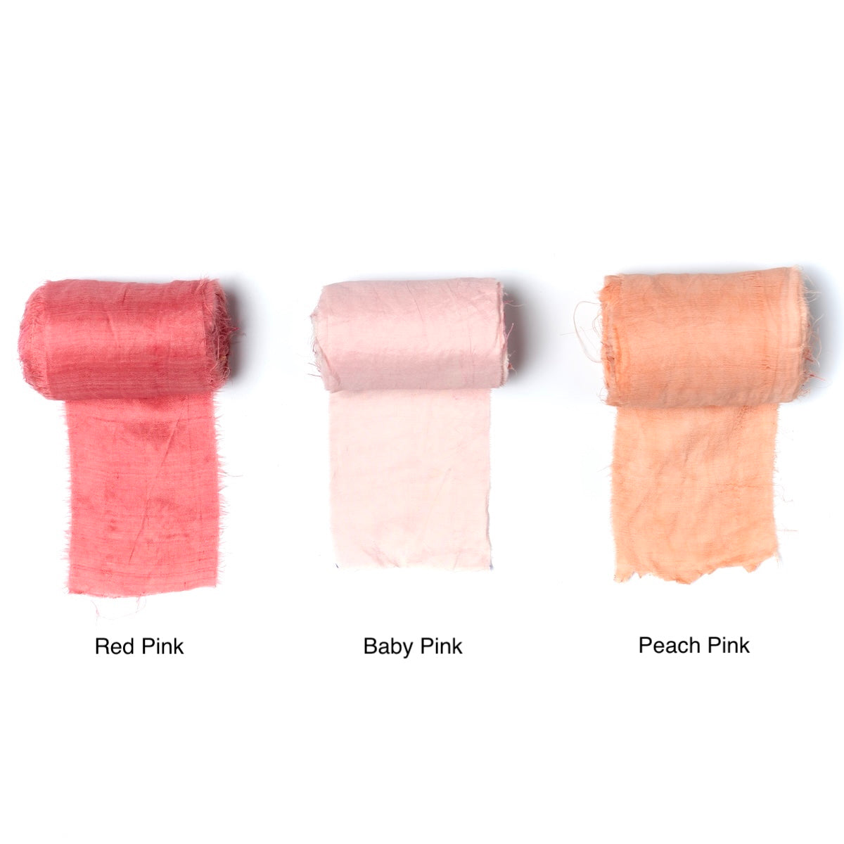 Extra wide sari silk ribbons in pink shades, red pink, baby pink, and peach pink, 4 inches wide, handmade recycled silk ribbon