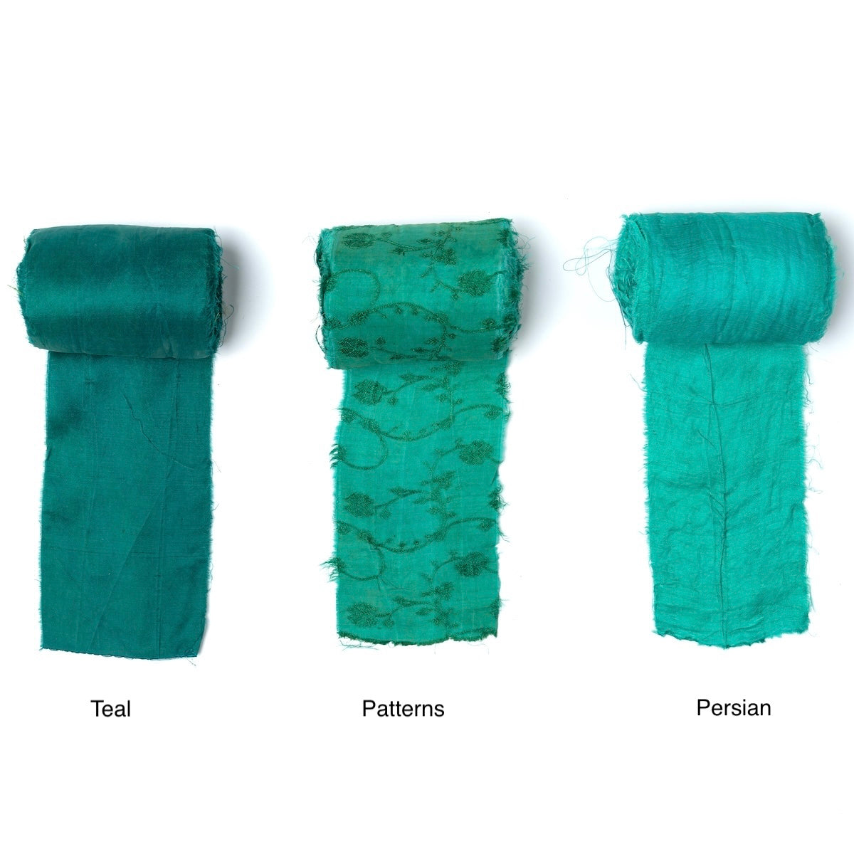 Extra wide sari silk ribbon in teal, patterned green, and solid green shades