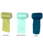 Extra wide sari silk ribbon in turquoise, pea green, and dark blue shades.