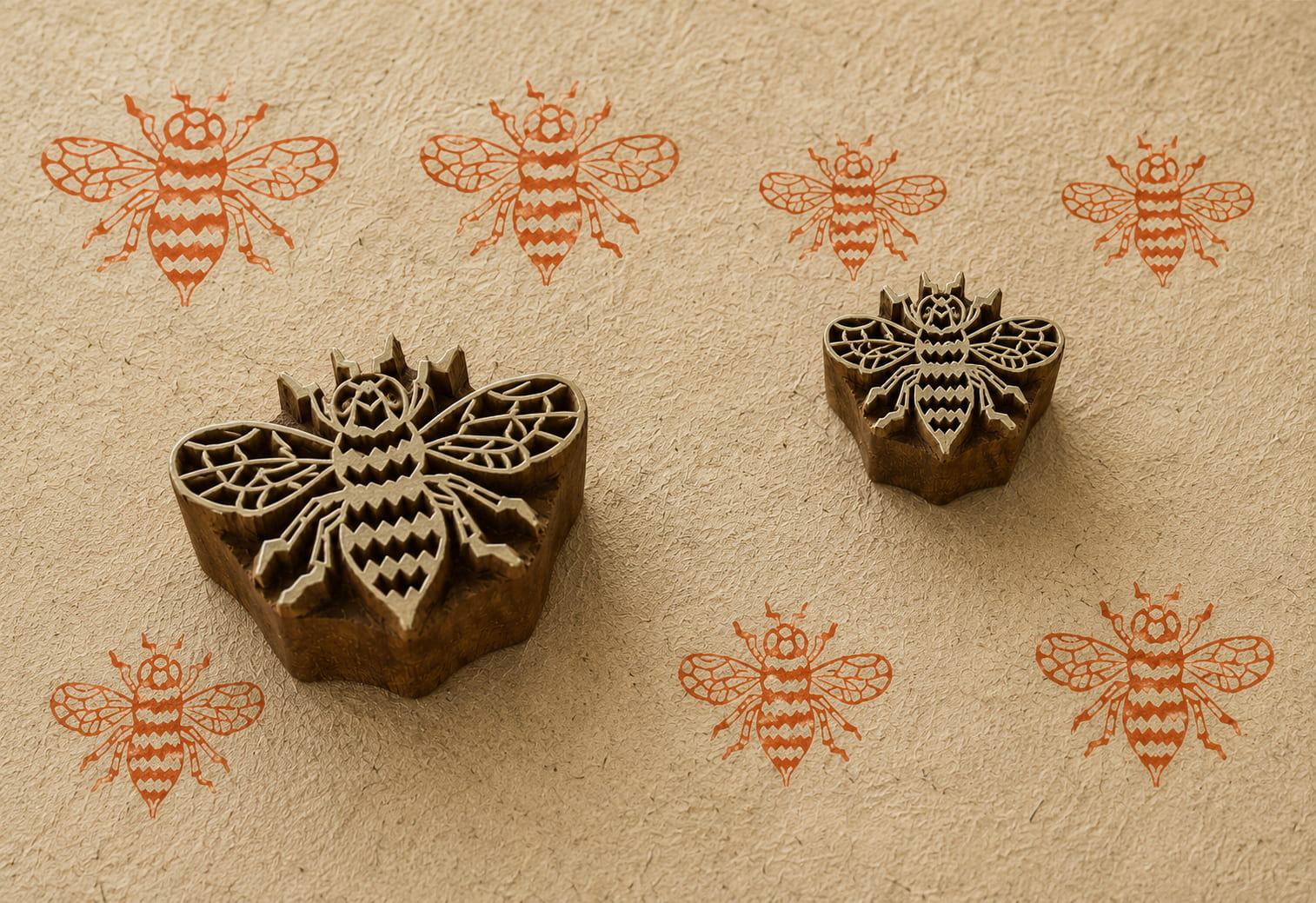 Folk Honeybee set of two wooden printing blocks hand carved in India for fabric printing, clay and pottery projects