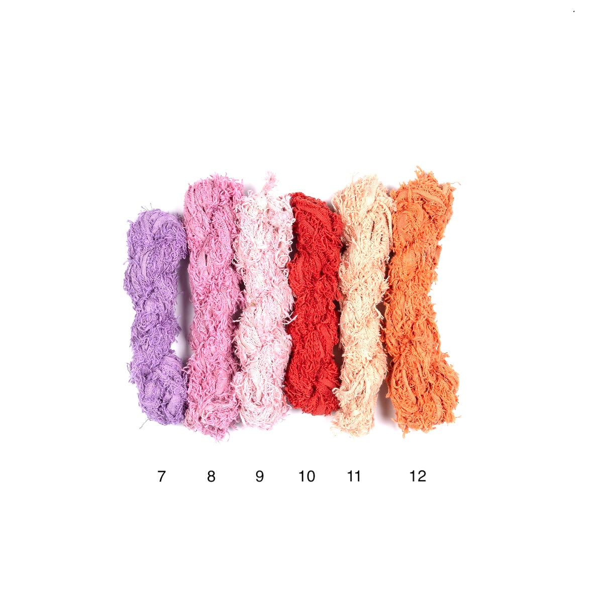 Fuzzy cotton ribbon in purple, red, and orange shades for crafting and DIY projects