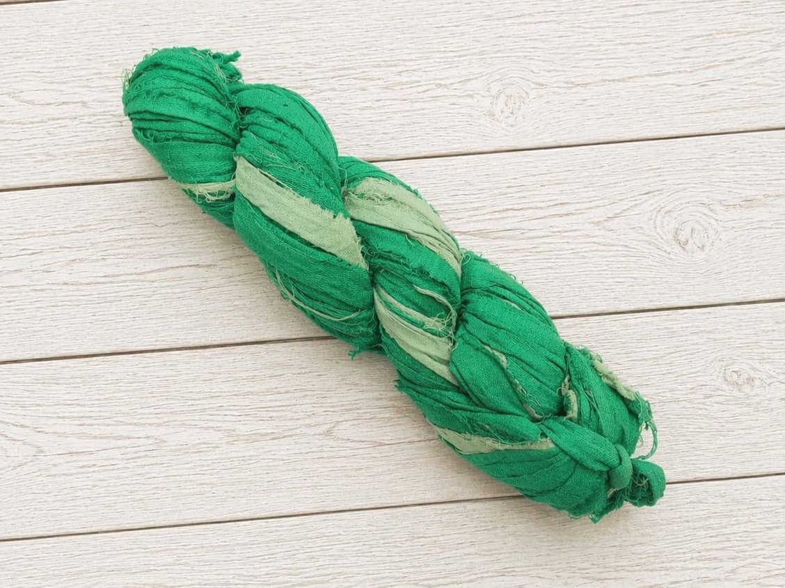 Spring Fern sari silk ribbon yarn skein in fern green and sage tones