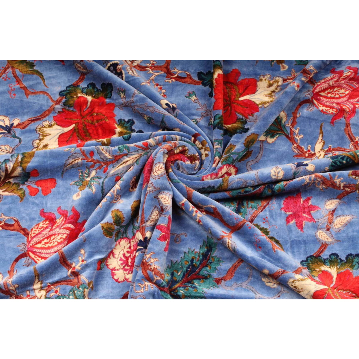 Folded sky-blue cotton velvet showing soft pile and floral design