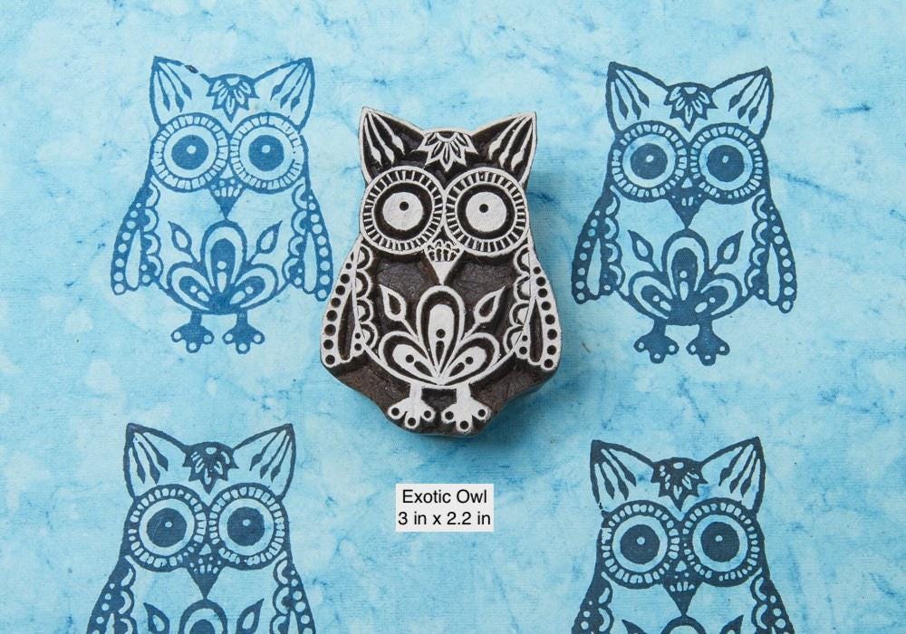 Hand carved exotic owl wood printing block with intricate folk pattern, Indian block print stamp