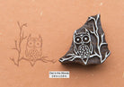 Owl in the woods hand carved wooden printing block showing owl on tree branch, traditional Indian stamp