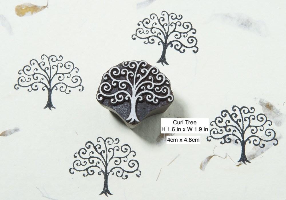 Hand Carved Tree Wood Block Stamp Set – Curl Tree, Rain Tree, Dotted Tree | Indian Wooden Printing Blocks for Fabric, Paper & Clay