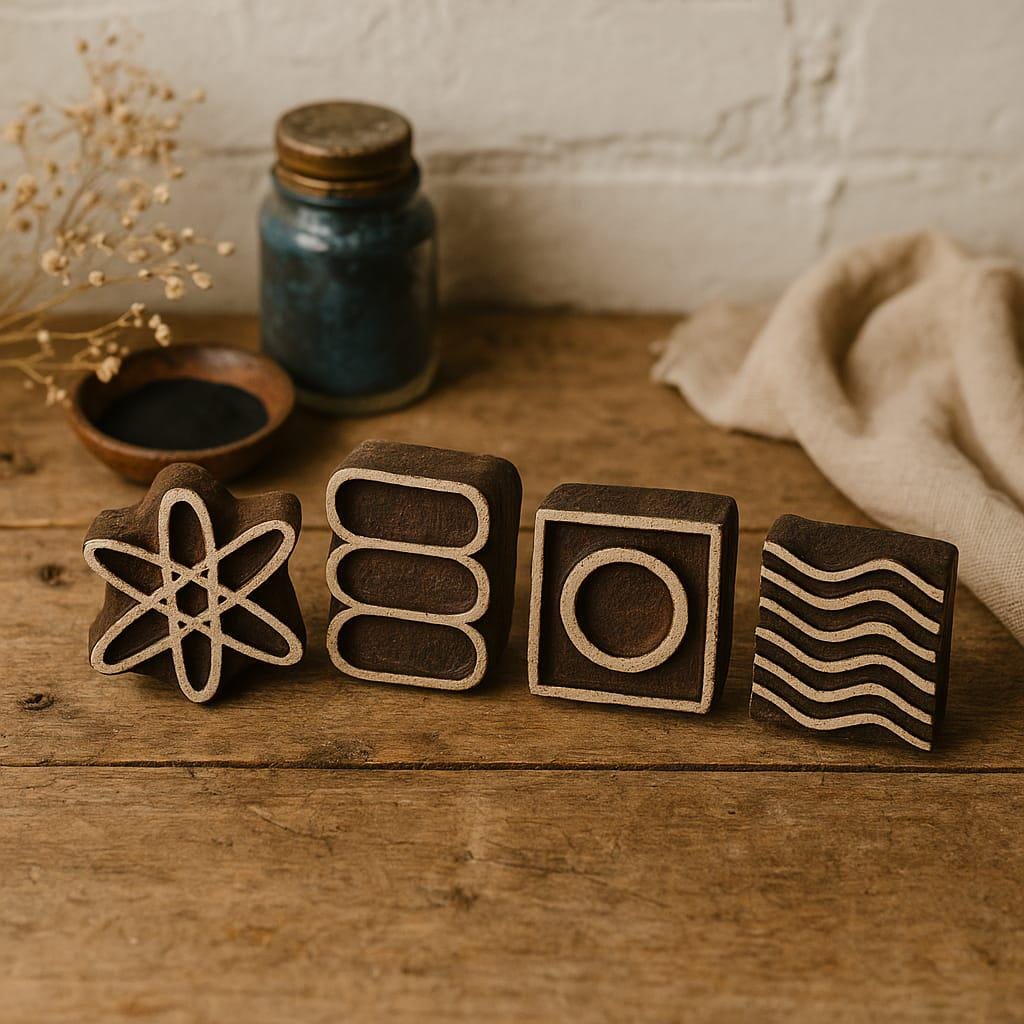 Wooden Printing Blocks with Geometric Symbols - Set of 4