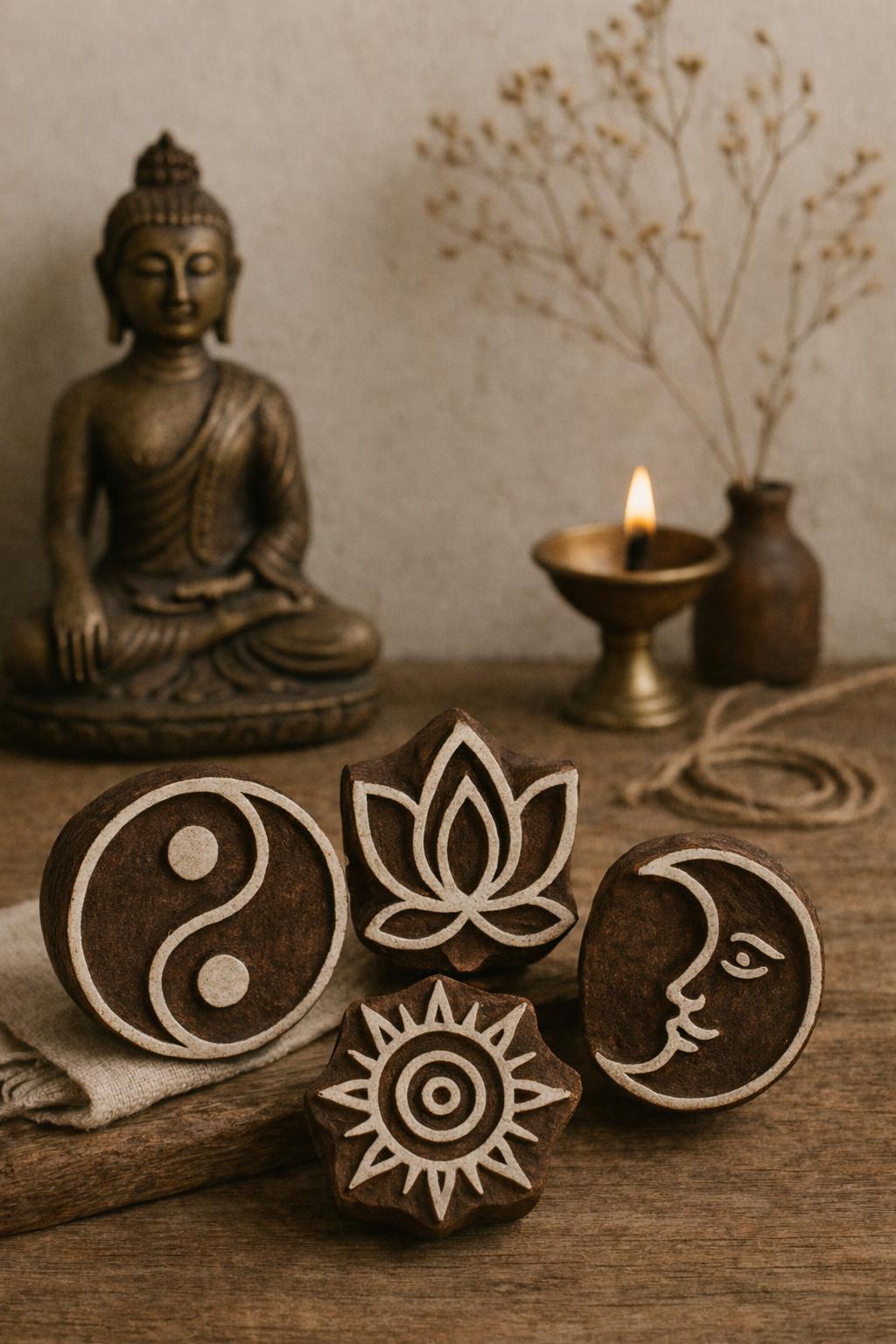 Hand carved wooden printing block set with moon, lotus, sunburst and yin yang spiritual symbols displayed on rustic table