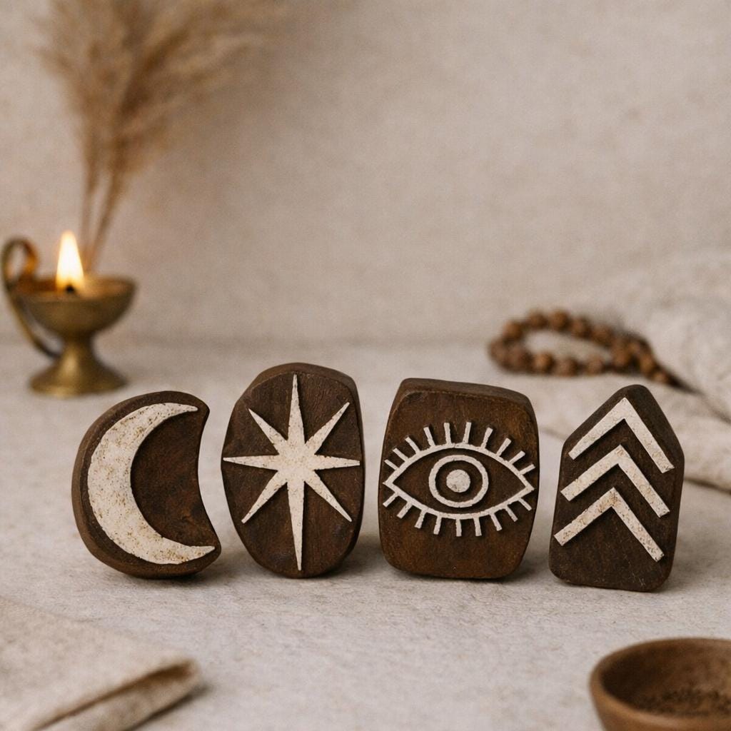 Set of four carved wooden block stamps featuring crescent moon, starburst, evil eye, and chevron designs on neutral background