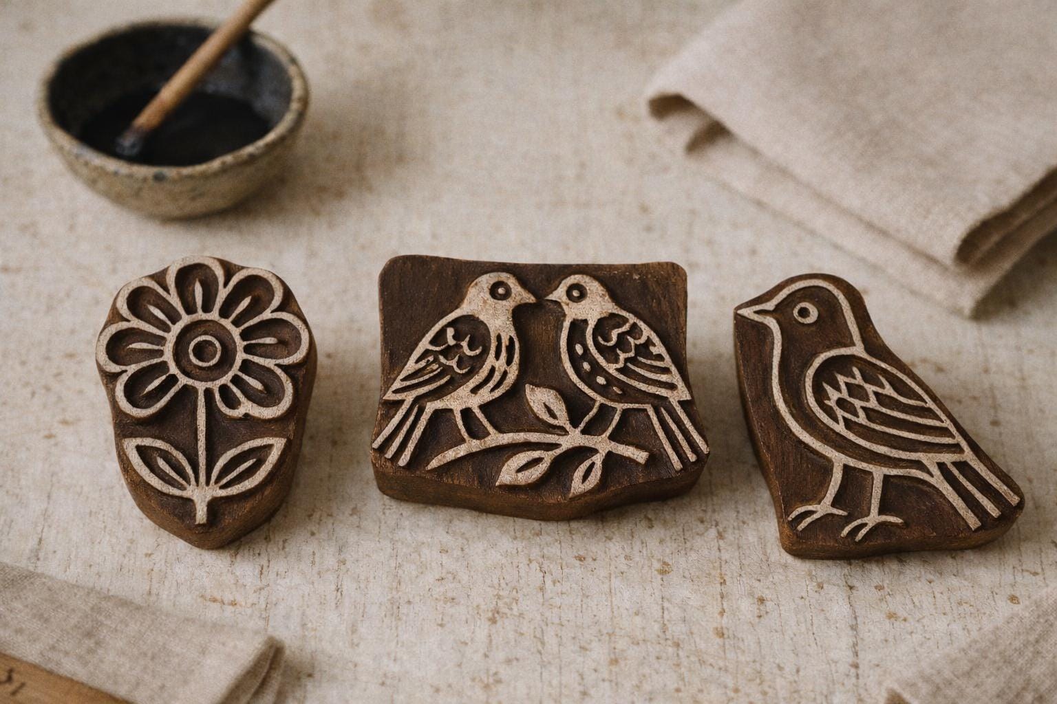 Hand carved wooden printing blocks featuring flower, single bird, and love birds design on rustic background