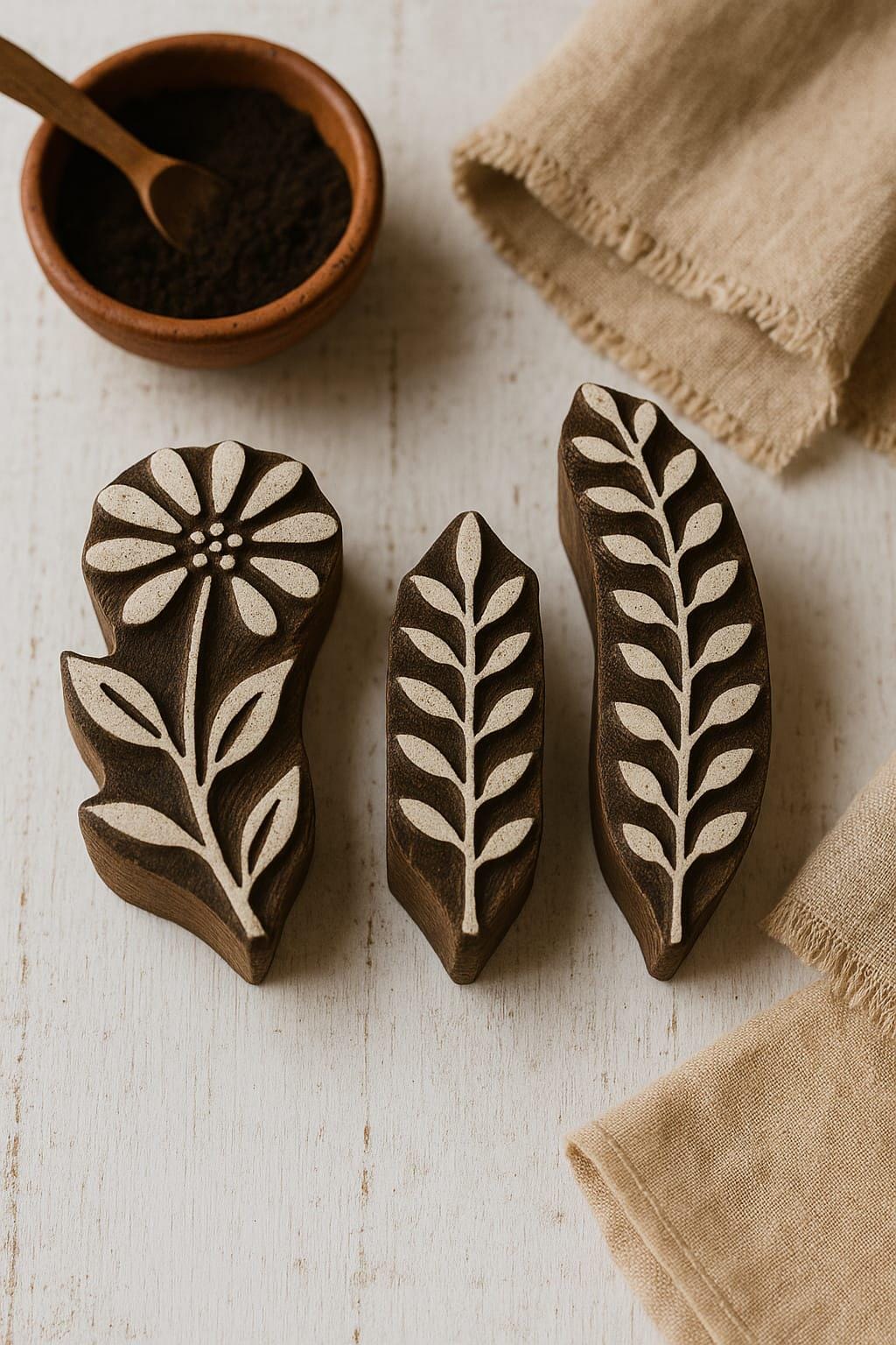 Set of three hand carved Indian wooden block printing stamps with floral and leaf designs on neutral fabric background