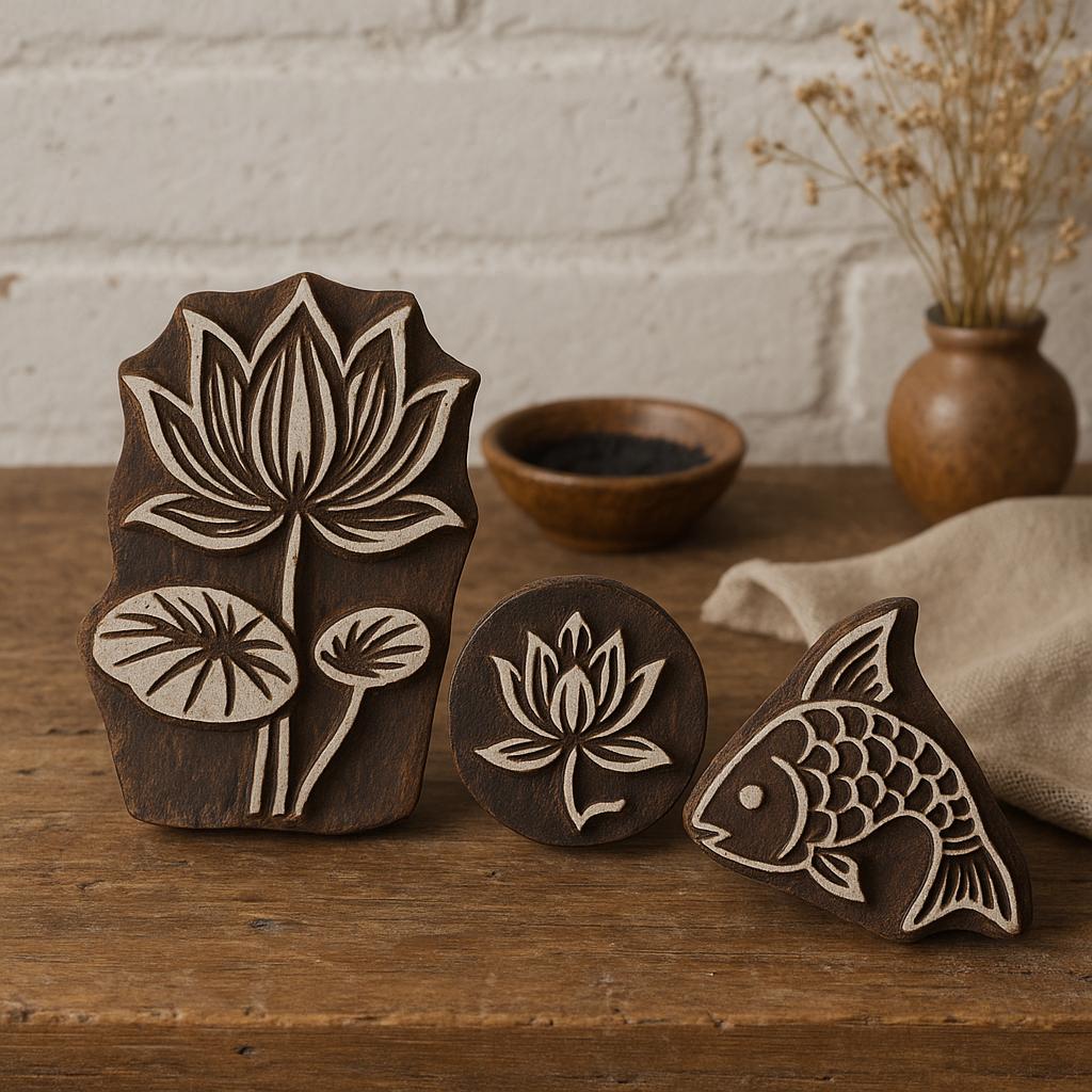 Set of hand carved Indian wooden printing blocks featuring lotus flower and fish designs displayed on a wooden surface.