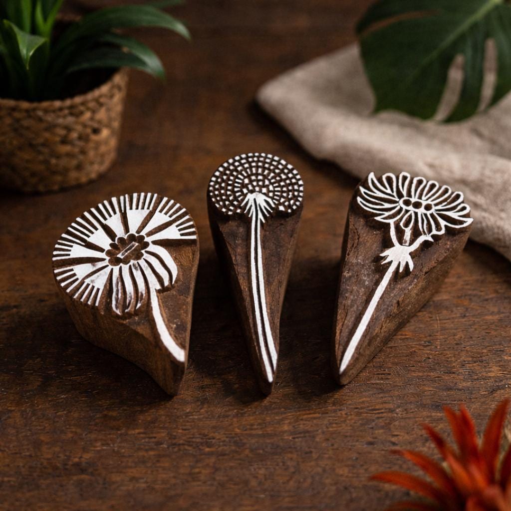 Set of three hand carved wooden wildflower stem block printing stamps displayed on rustic wooden table with botanical decor.