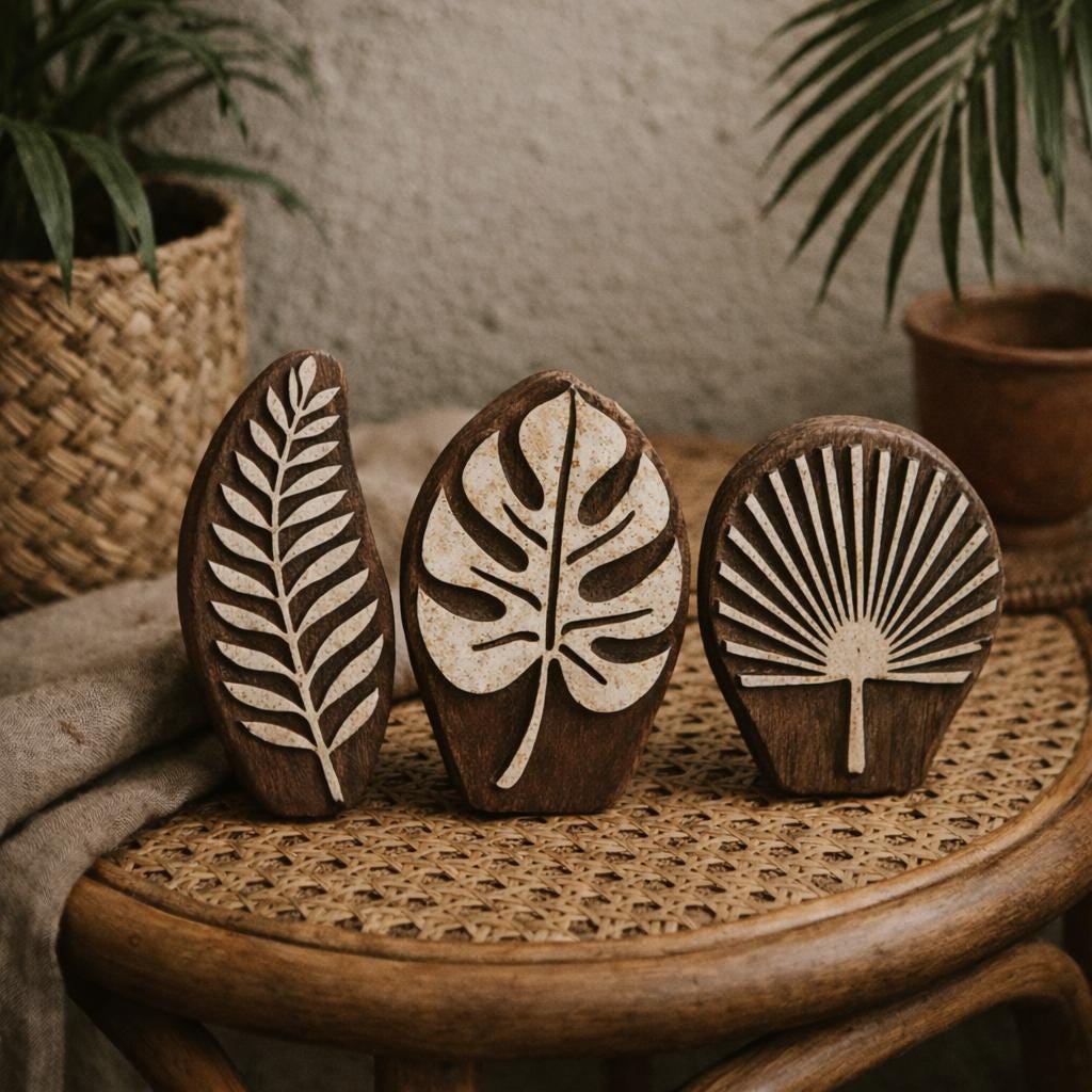 Three hand carved wooden printing blocks with leaf designs displayed on a wooden table with natural decor background.