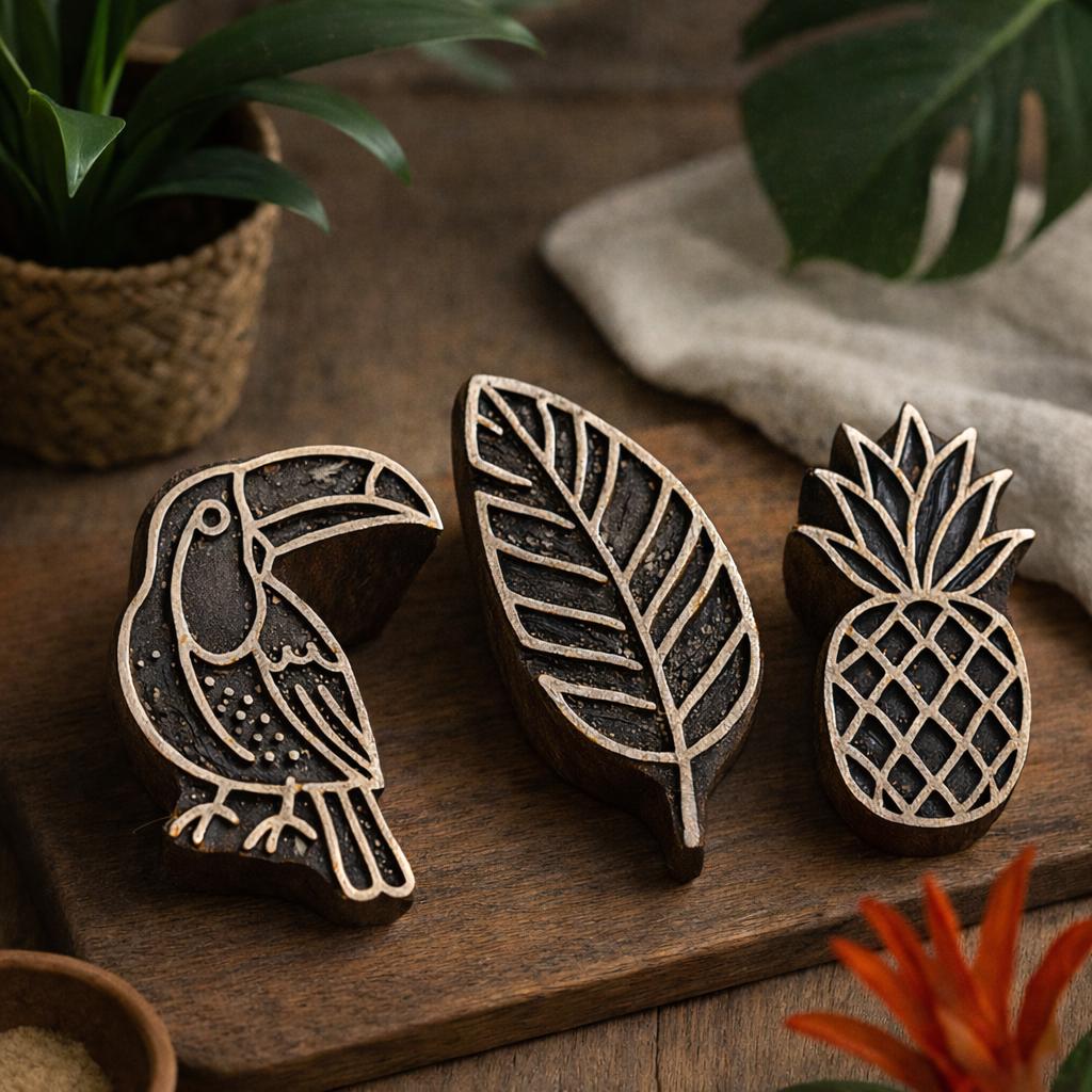 Set of three hand carved Indian wooden printing blocks featuring a leaf, pineapple, and toucan design on a wooden surface.