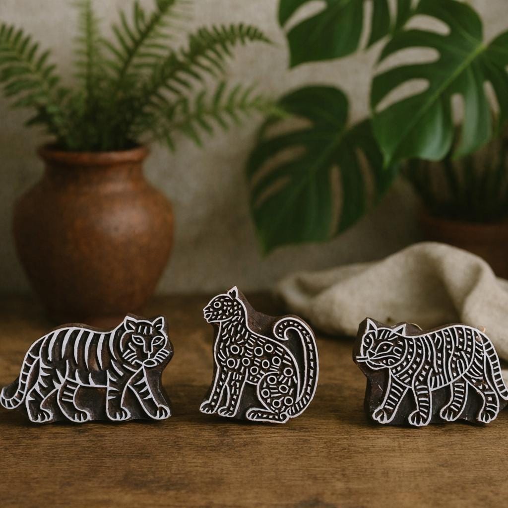 Set of three hand carved wooden big cat block printing stamps featuring two tiger designs and one spotted leopard on rustic wooden table.