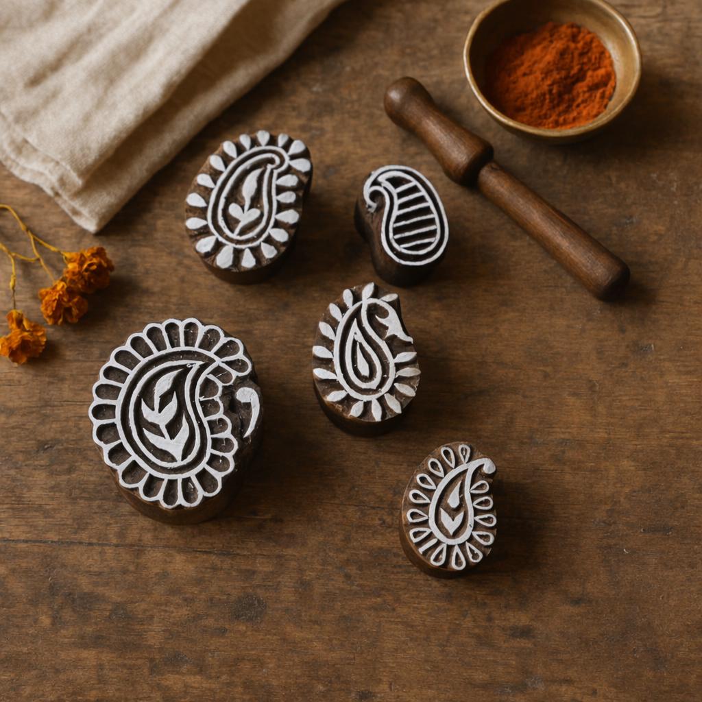 Set of five hand carved wooden paisley block printing stamps displayed on rustic wooden table with natural fabric and spice bowl.