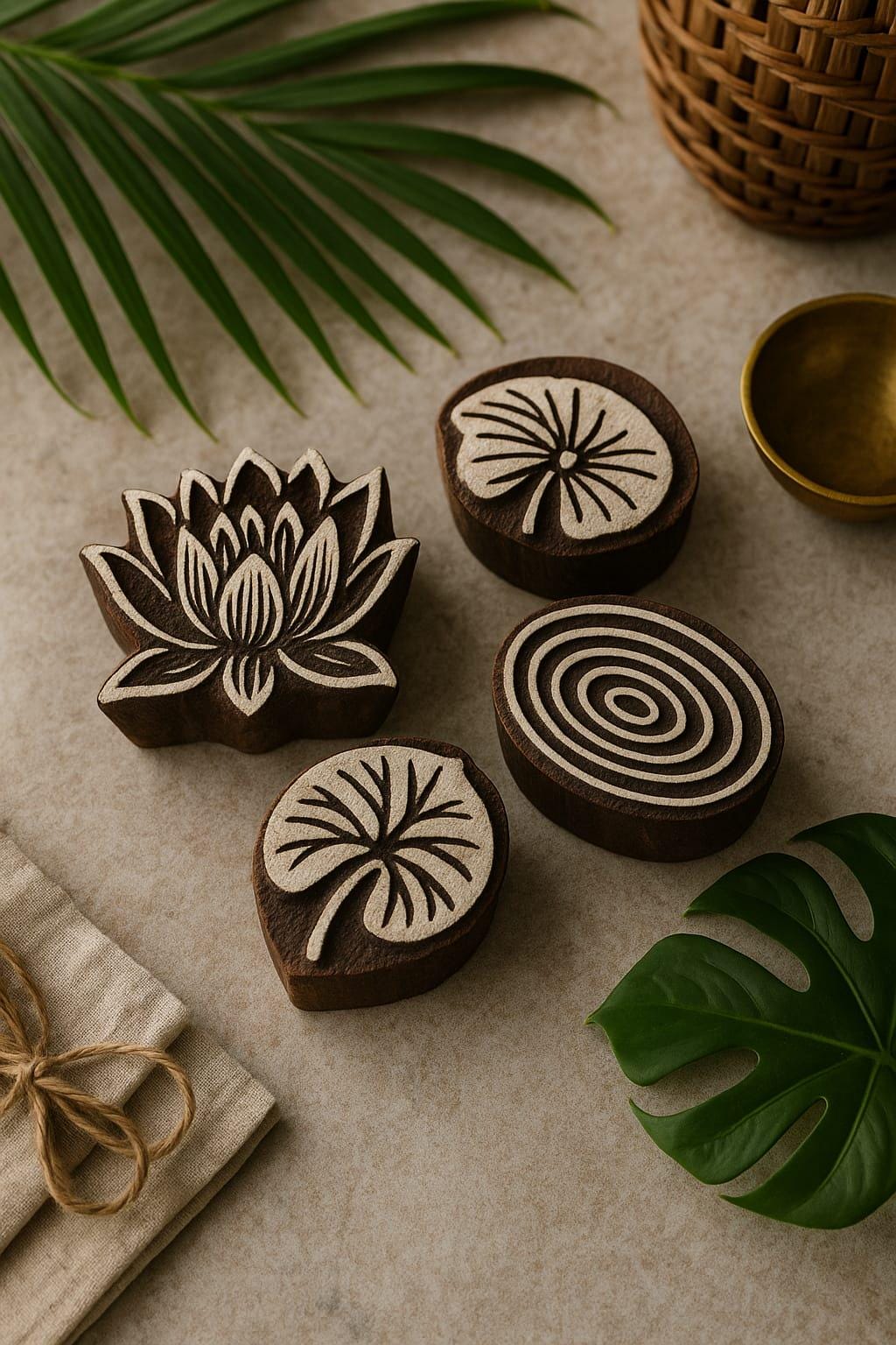 Set of four hand carved wooden block printing stamps including lotus flower, lily pad, and concentric circle designs styled with tropical leaves.