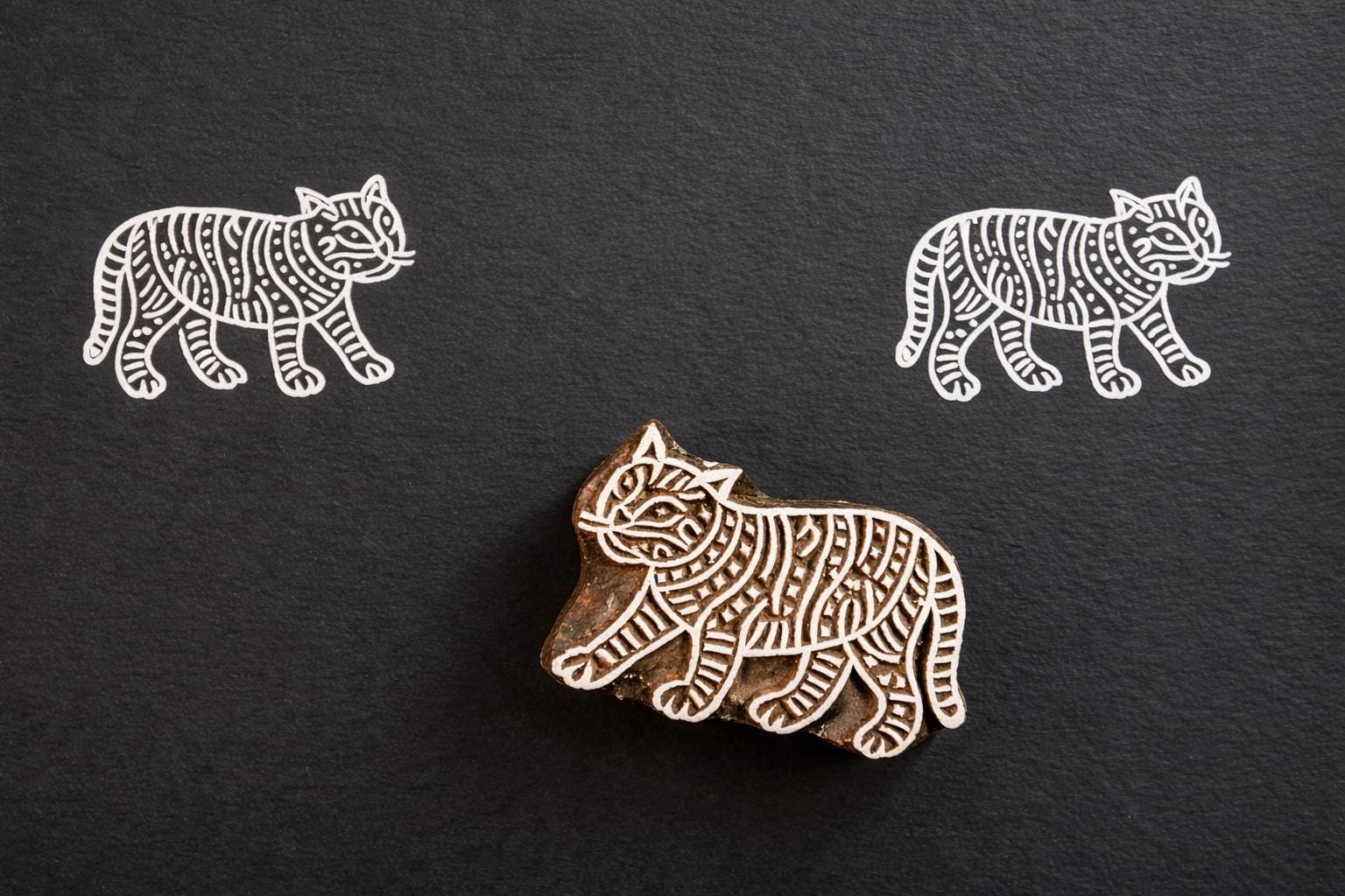 Hand carved tiger wooden block printing stamp for textile printing, pottery stamping and fabric block printing.