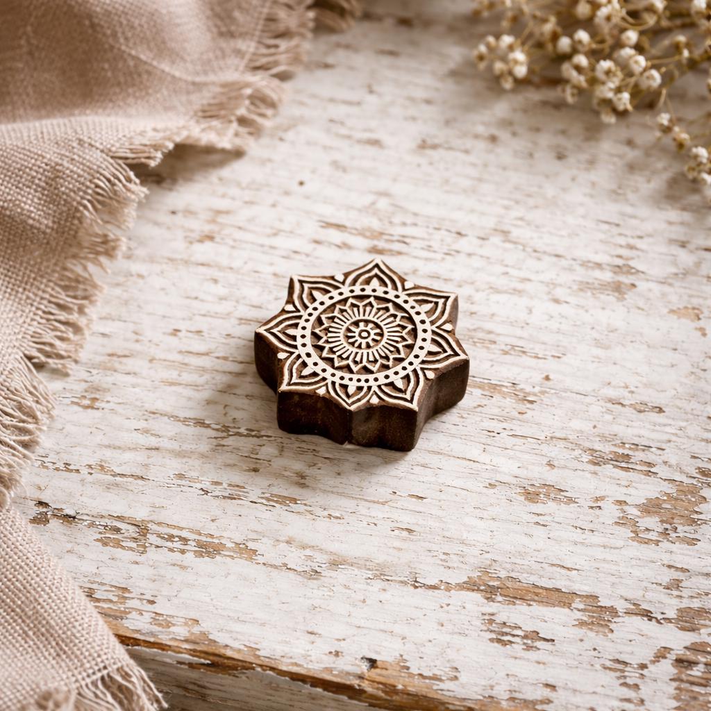 Hand carved wooden mandala flower block printing stamp on a white table hero image for block printing on paper, fabric, clay