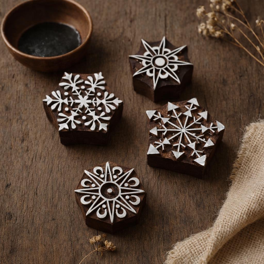 Set of four hand carved wooden geometric snowflake block printing stamps displayed on rustic wooden background.