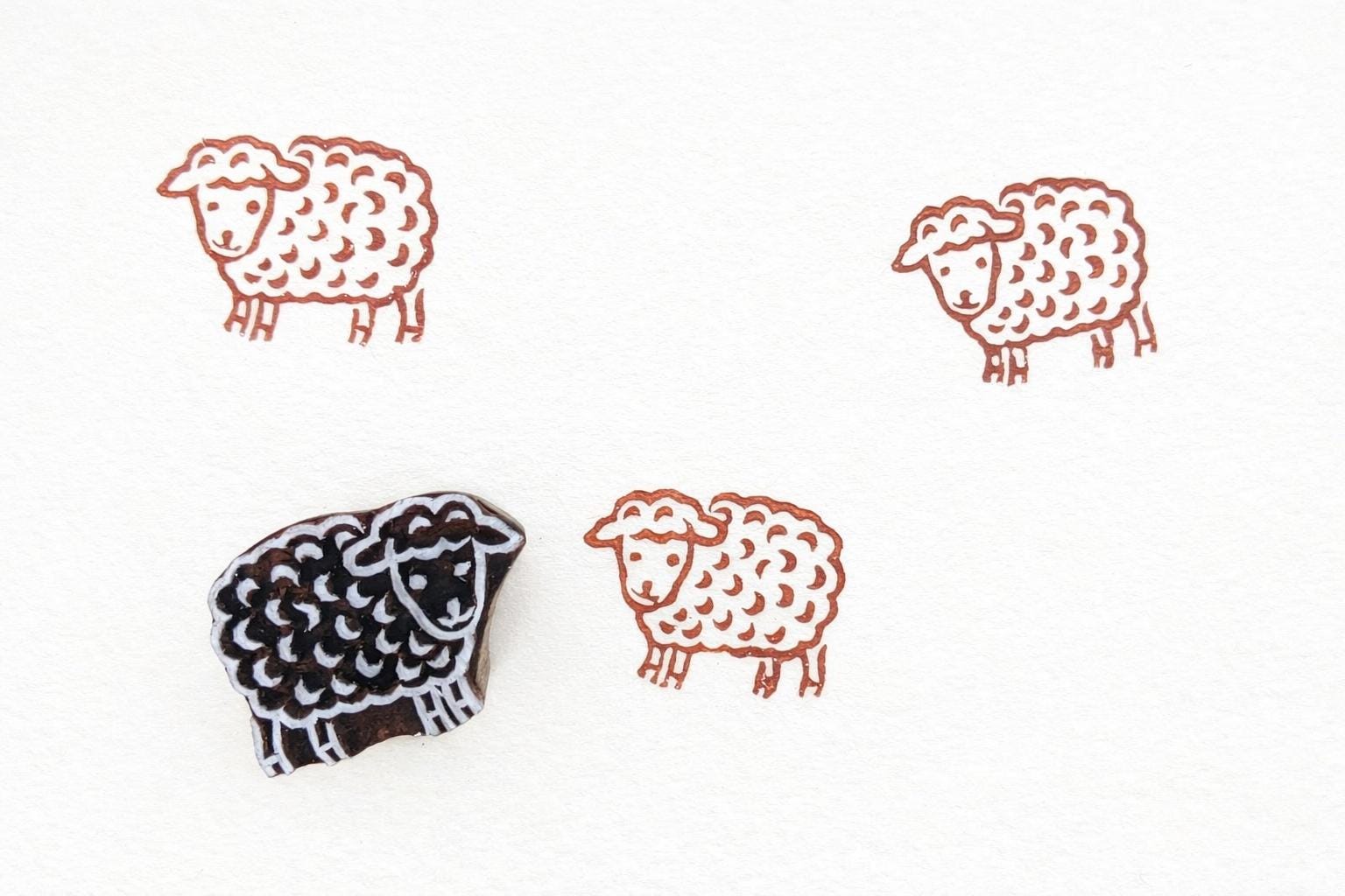 Hand carved sheep wooden block printing stamp for textile printing, clay stamping and pottery decoration.