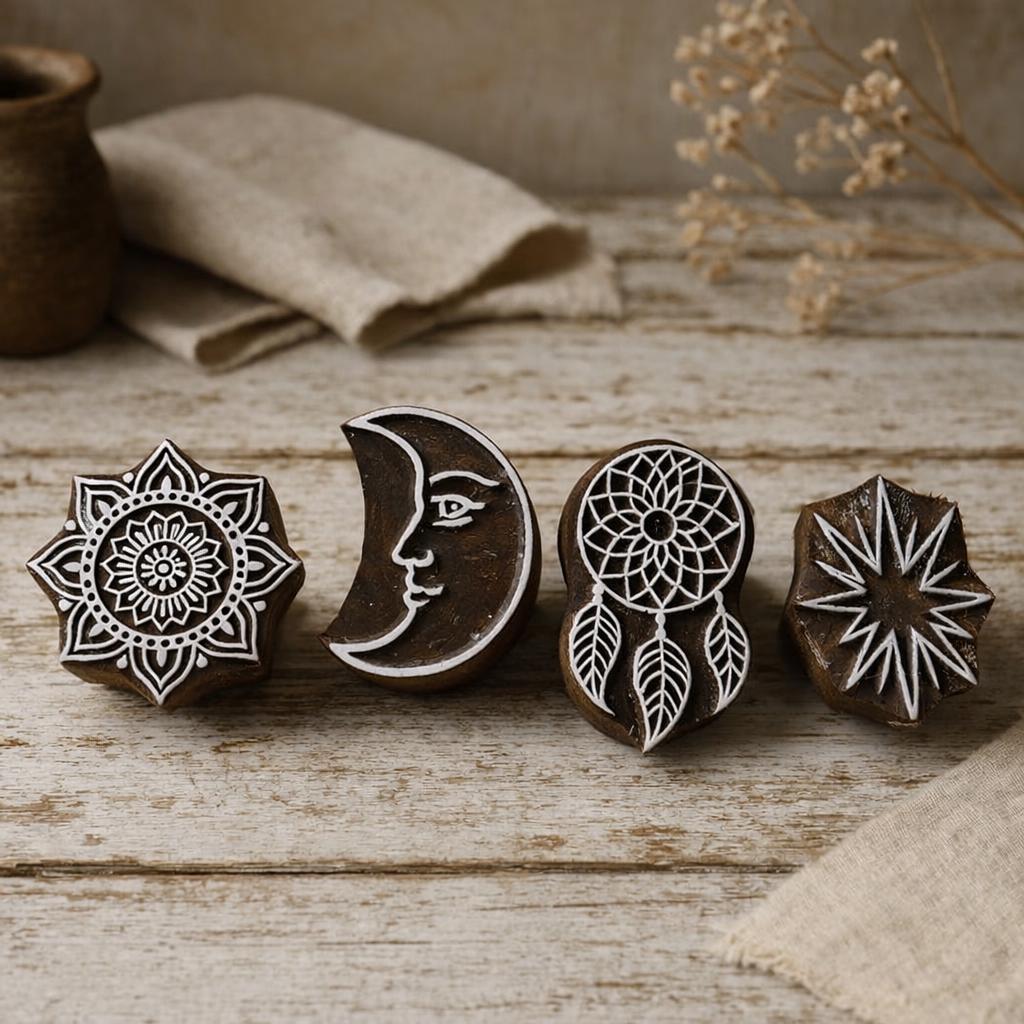 Set of four hand carved wooden block printing stamps with mandala, crescent moon, dreamcatcher and star designs on rustic wooden table.