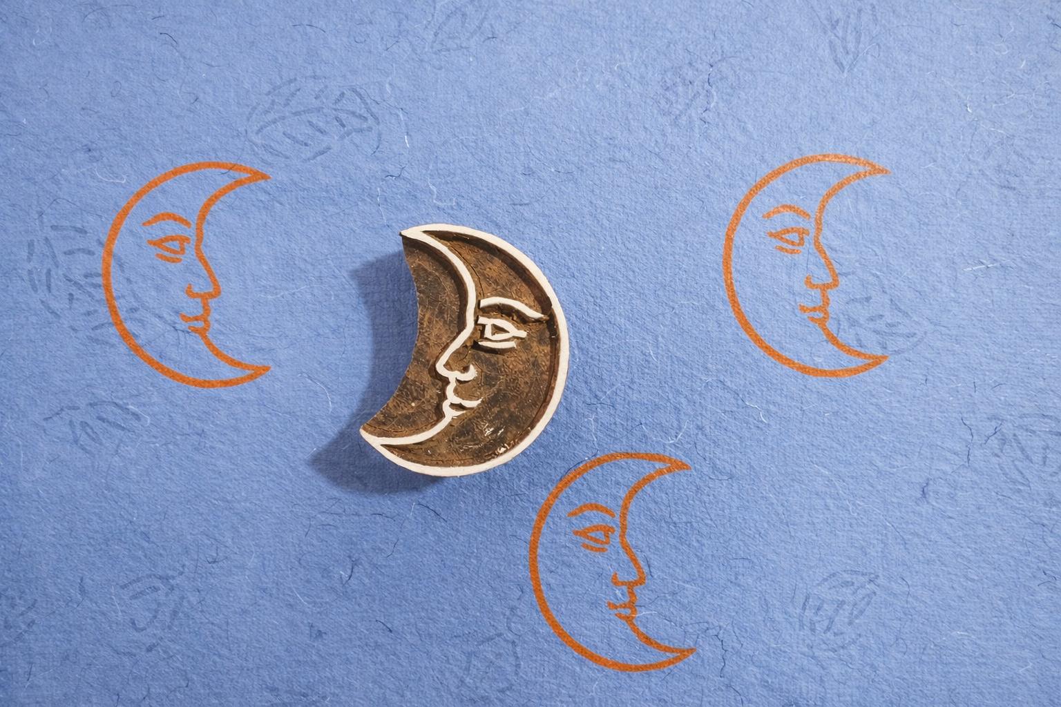 Hand carved wooden crescent moon face block printing stamp creating orange moon prints on blue handmade paper.
