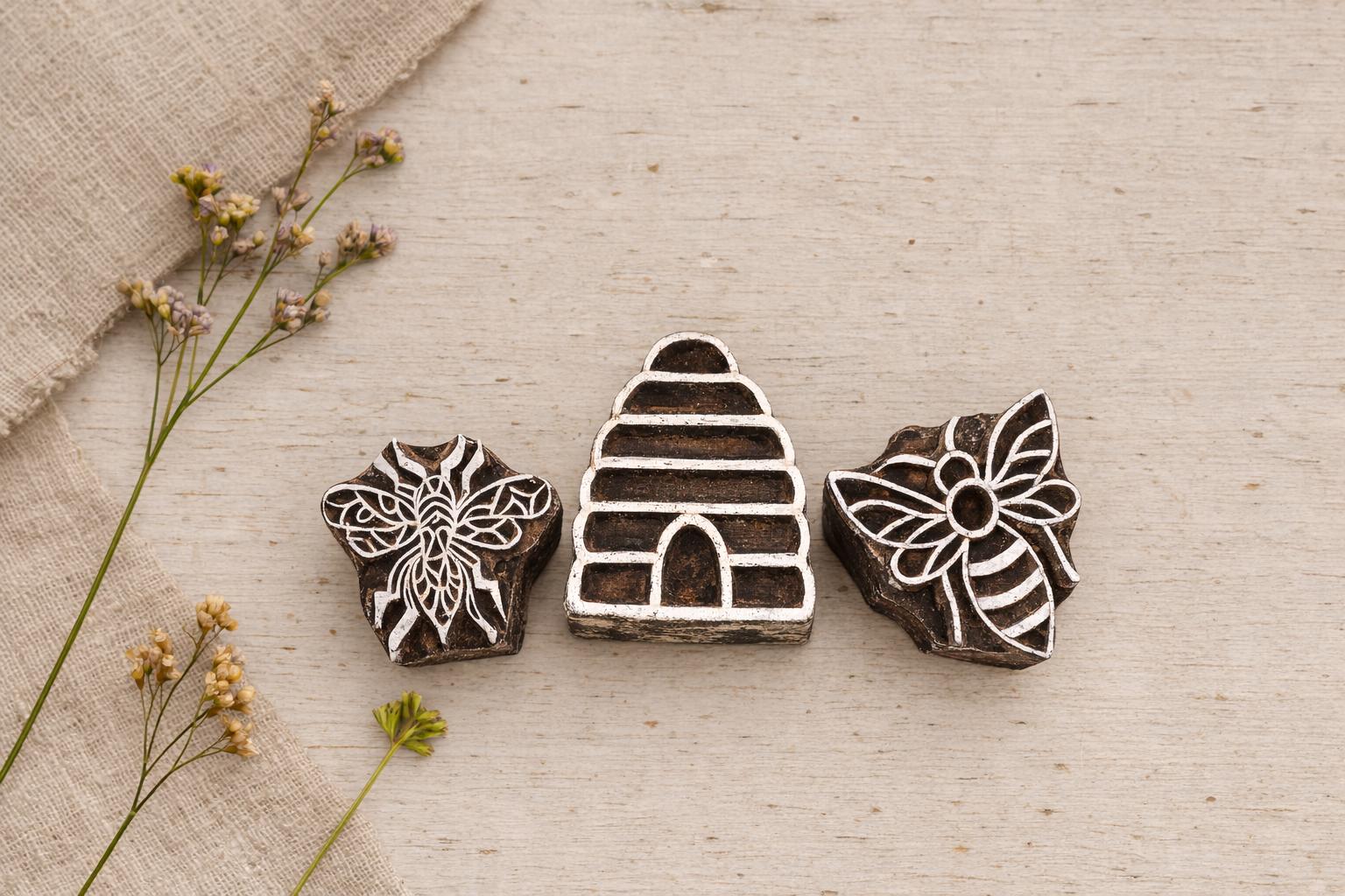 Hand carved wooden block printing stamp set featuring honeybee, beehive and floral bee motifs displayed on rustic table with linen cloth and dried flowers.