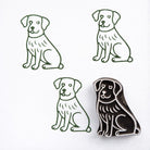 Labrador dog block print stamp with green ink impressions on paper