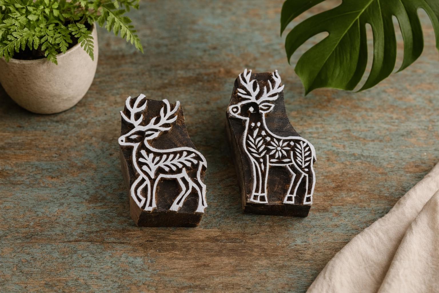 Set of two handmade wooden deer block printing stamps on rustic surface