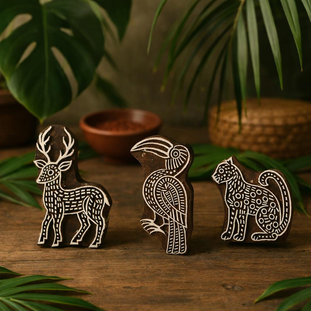 Hand carved wooden block printing stamps featuring deer, toucan bird and spotted cat animal designs for fabric printing, pottery and textile crafts.