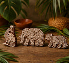 Hand carved wooden block printing stamps featuring elephant, bird and tiger designs for fabric printing, pottery, textile crafts and block printing.
