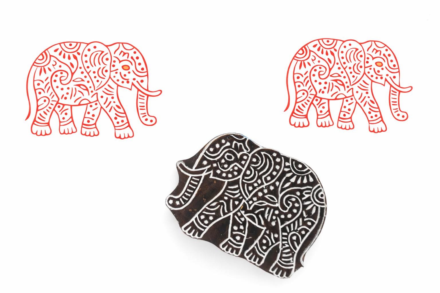 Hand carved elephant wooden block printing stamp with decorative patterns for fabric printing, textile stamping and pottery decoration.