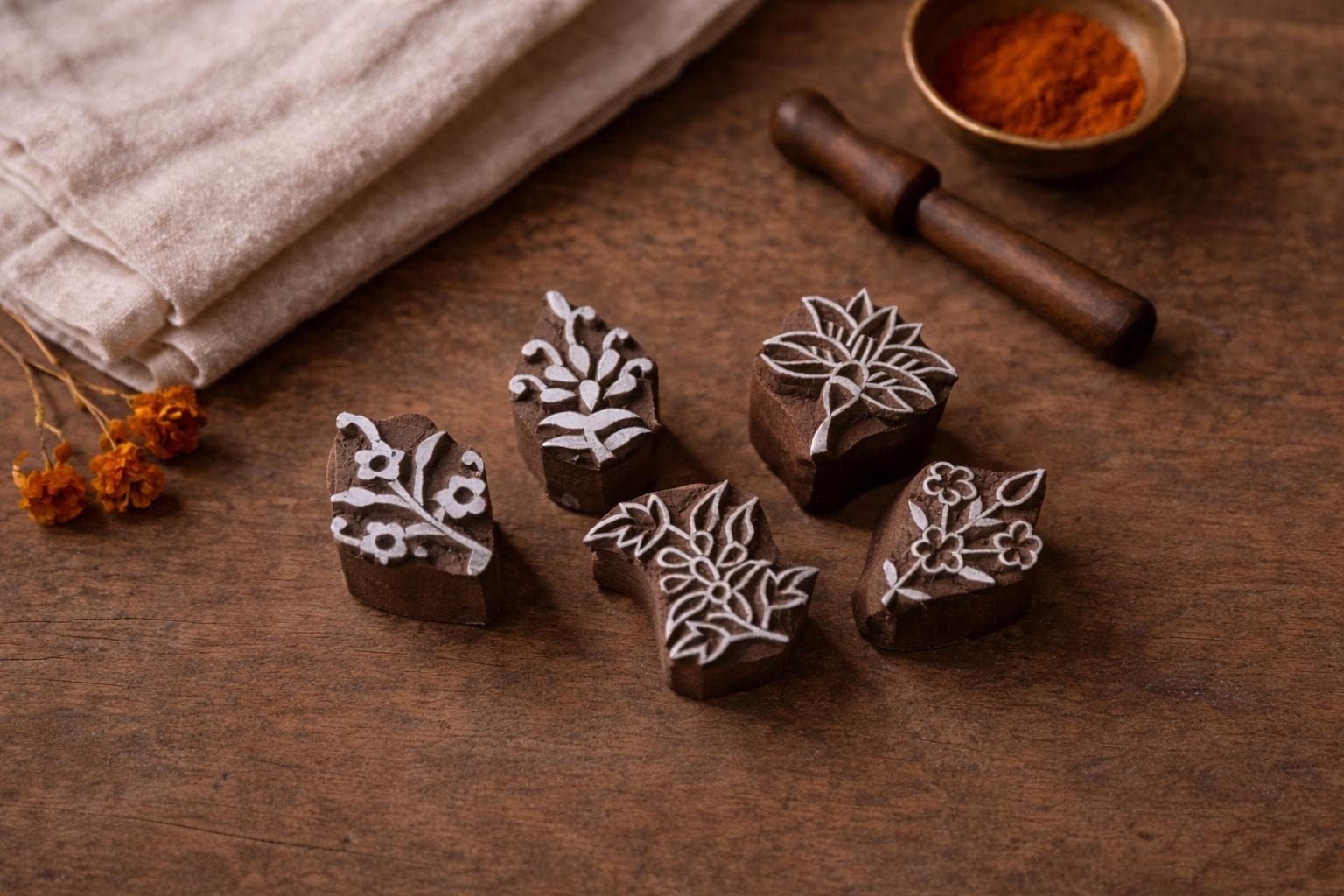 Hand carved Indian wooden block printing stamps with botanical flower designs arranged on a brown wooden table with linen cloth and spice bowl.