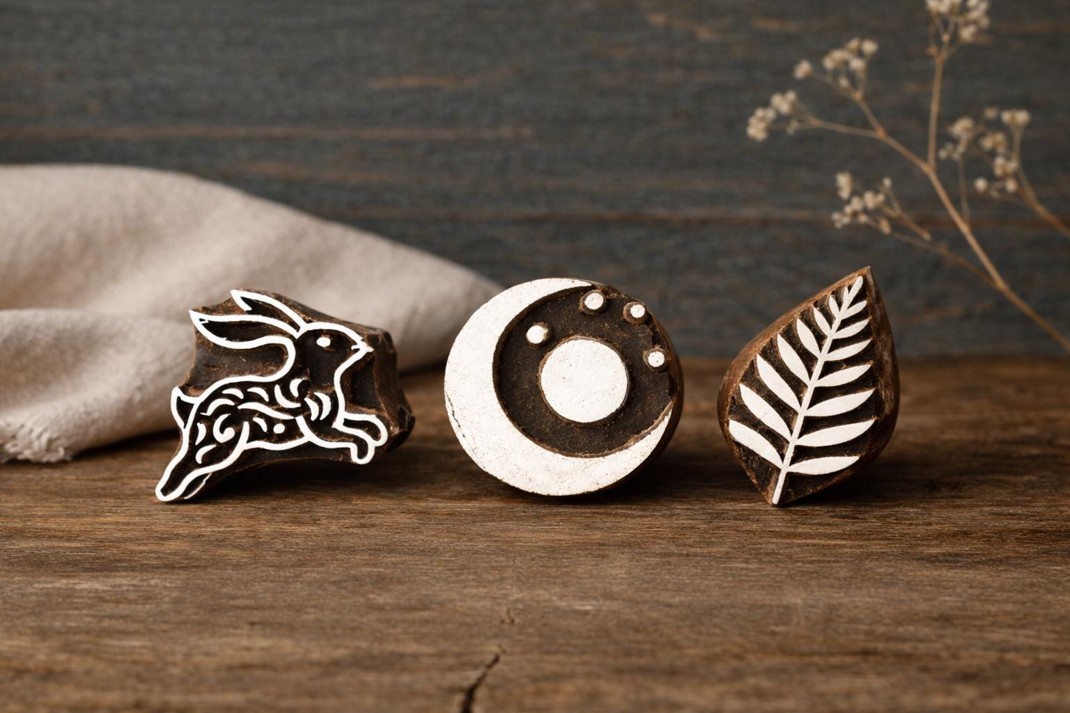 hand carved indian wooden block printing stamps rabbit moon and fern leaf textile stamp set