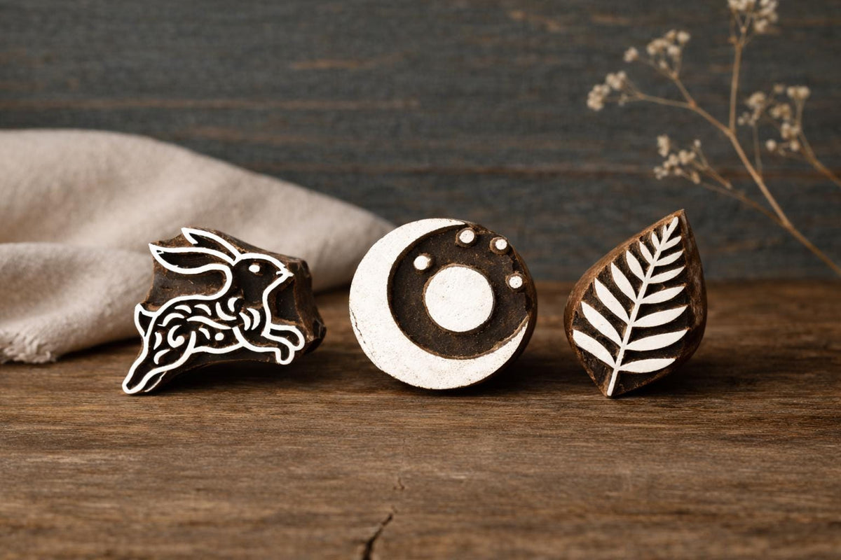 hand carved indian wooden block printing stamps rabbit moon and fern leaf textile stamp set