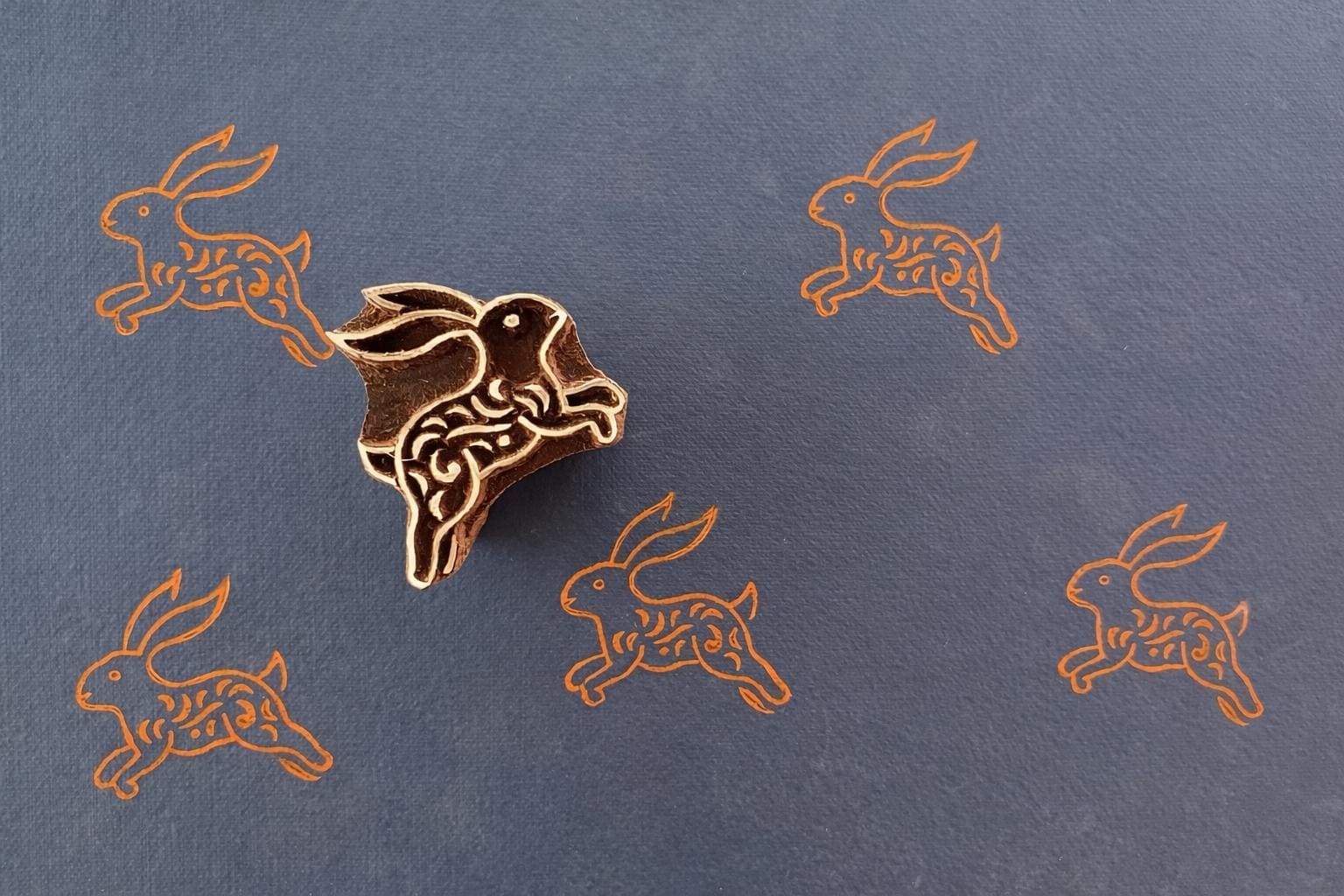 hand carved running rabbit indian wood block printing stamp for fabric and pottery