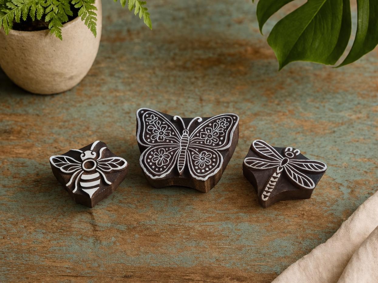 Wooden block printing stamps insect set with butterfly bee and dragonfly designs for fabric textile and clay printing