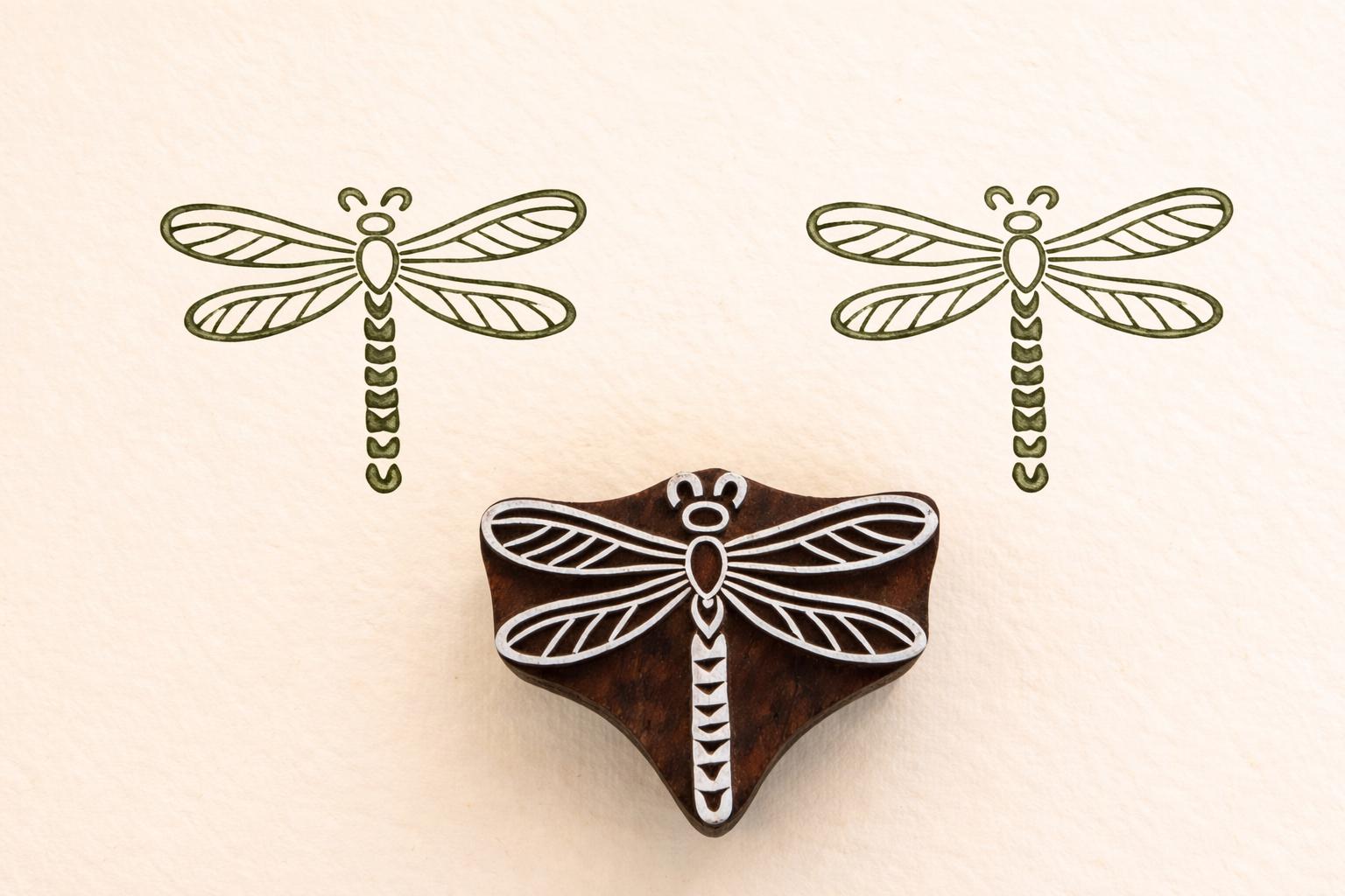 Dragonfly wooden printing stamp used on fabric showing green textile prints block printing stamp for crafts