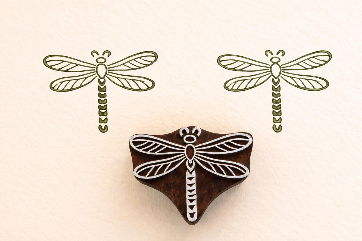 Dragonfly wooden printing stamp used on fabric showing green textile prints block printing stamp for crafts