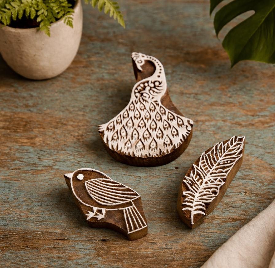 Peacock Block, Folk Bird Block and Etched Feather Block wooden printing stamps styled together