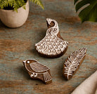 Peacock Block, Folk Bird Block and Etched Feather Block wooden printing stamps styled together