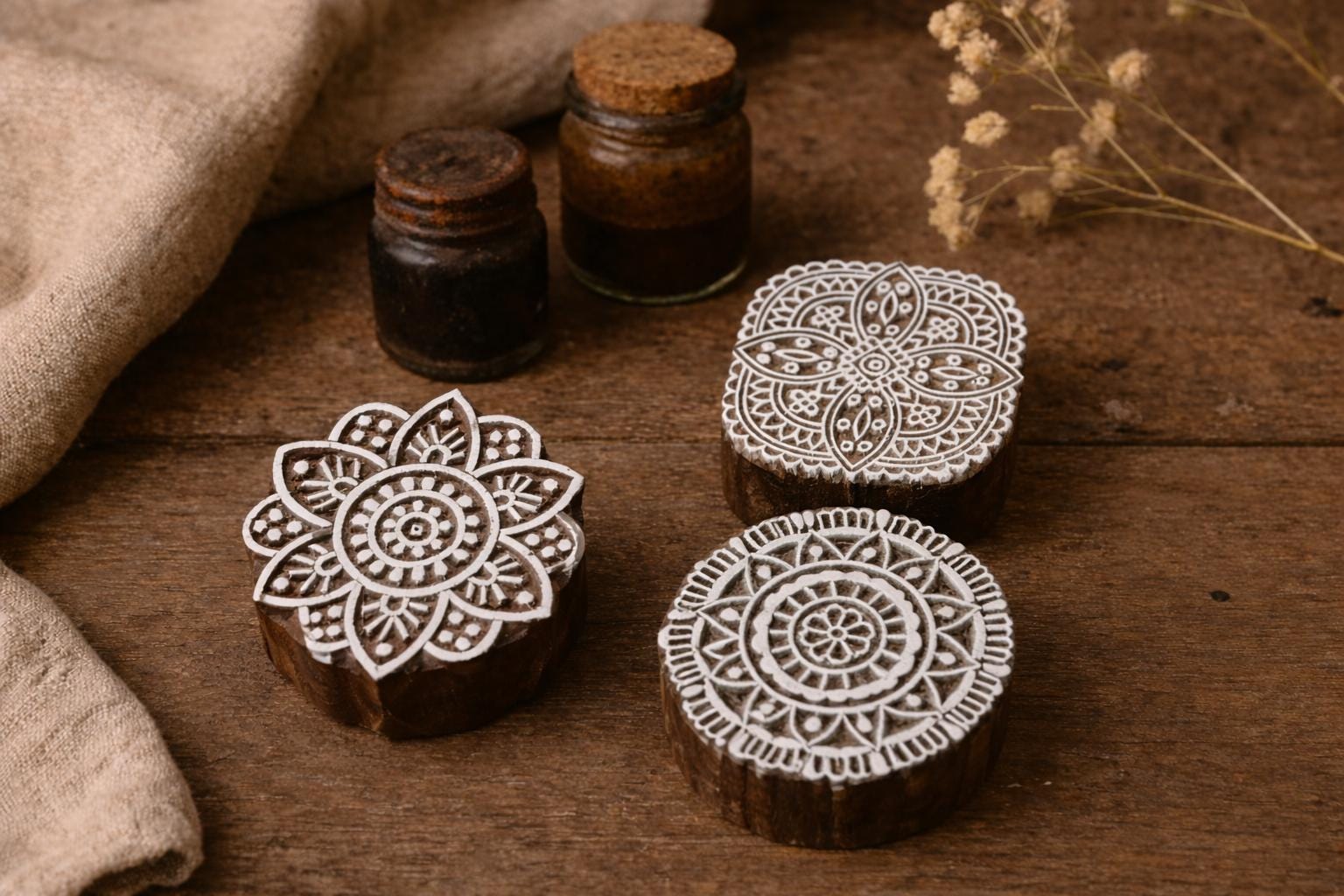 Set of three handmade wooden mandala block print stamps with intricate floral patterns