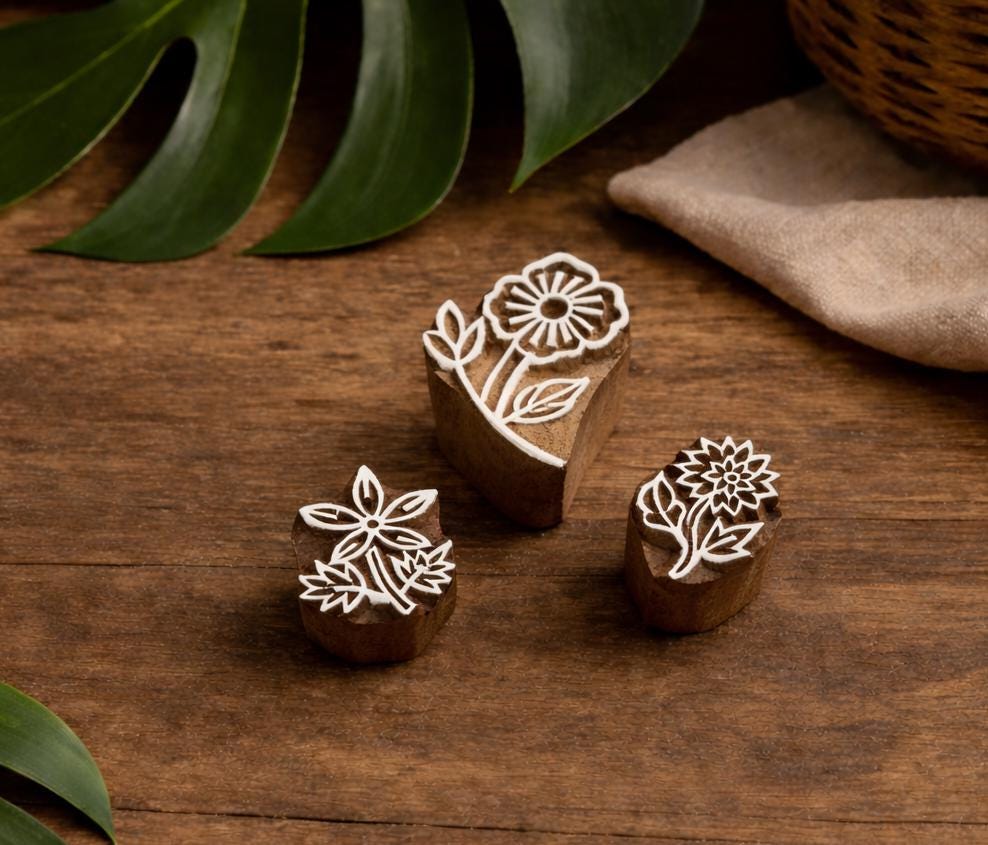 Set of three handmade wooden mini floral block print stamps with wildflower, daisy, and layered flower designs
