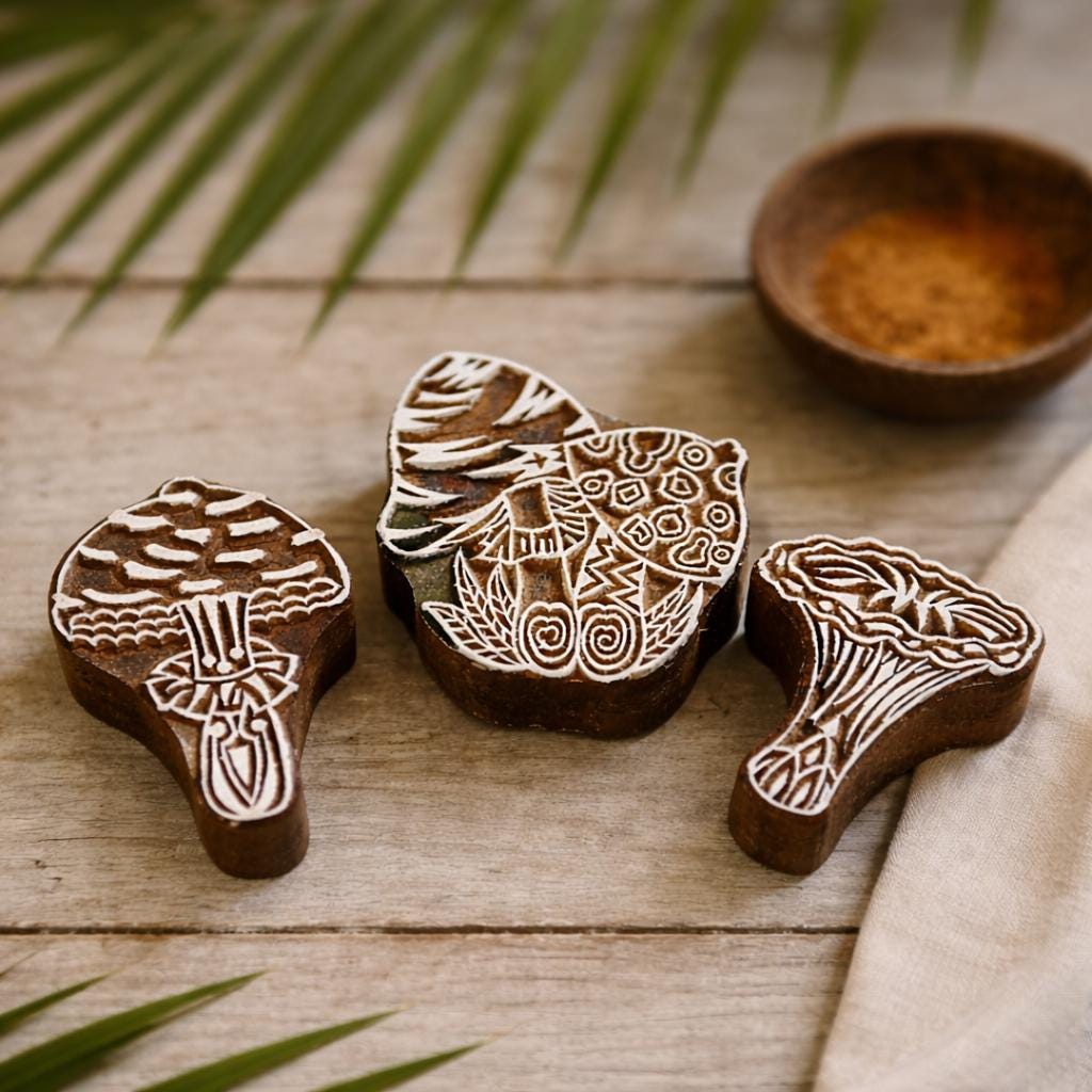 Hand carved mushroom wood block stamp set with detailed forest fungi designs