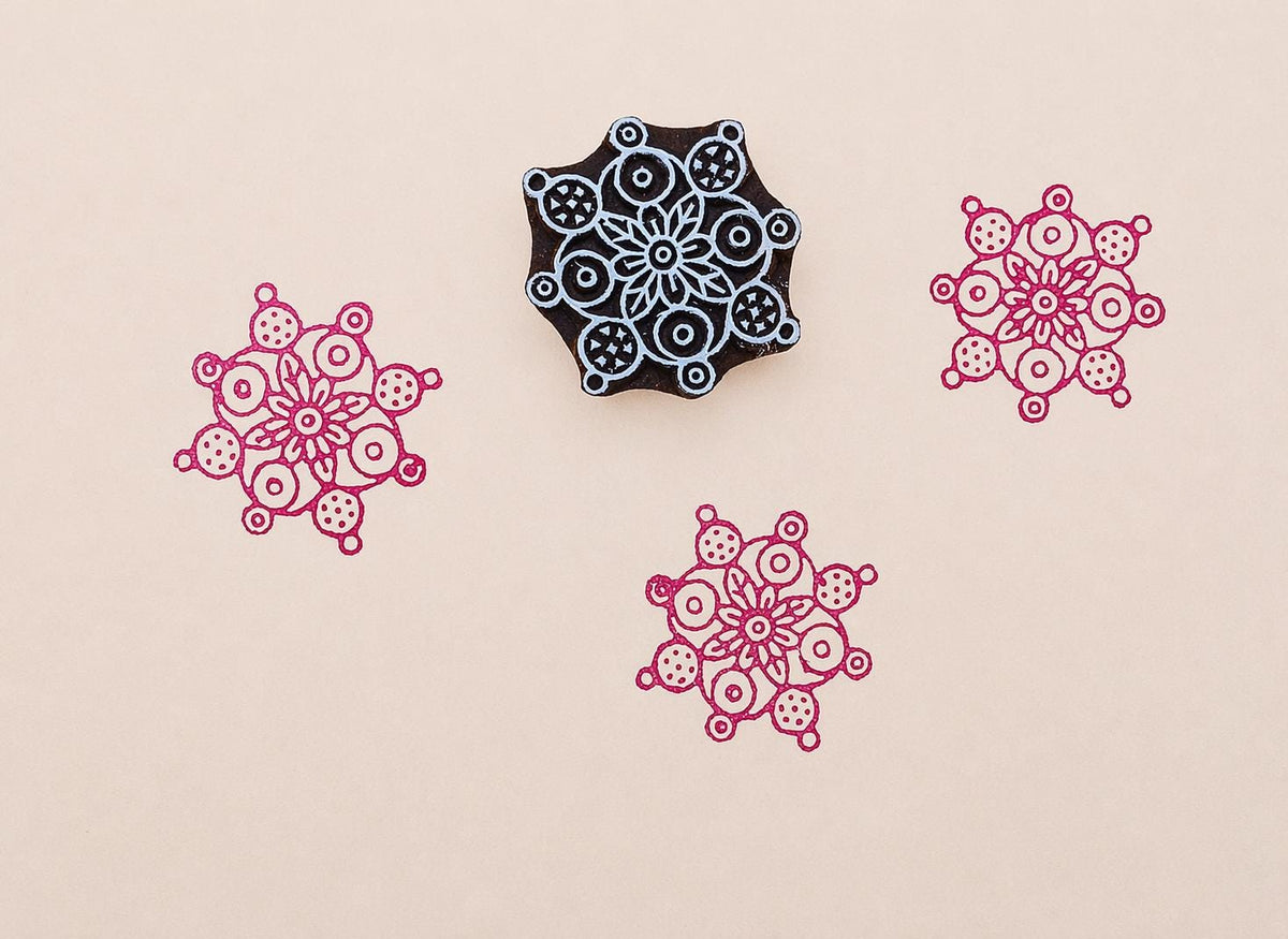 Hand carved wooden printing stamp with intricate mandala floral design for fabric printing, textile patterns, and clay pottery
