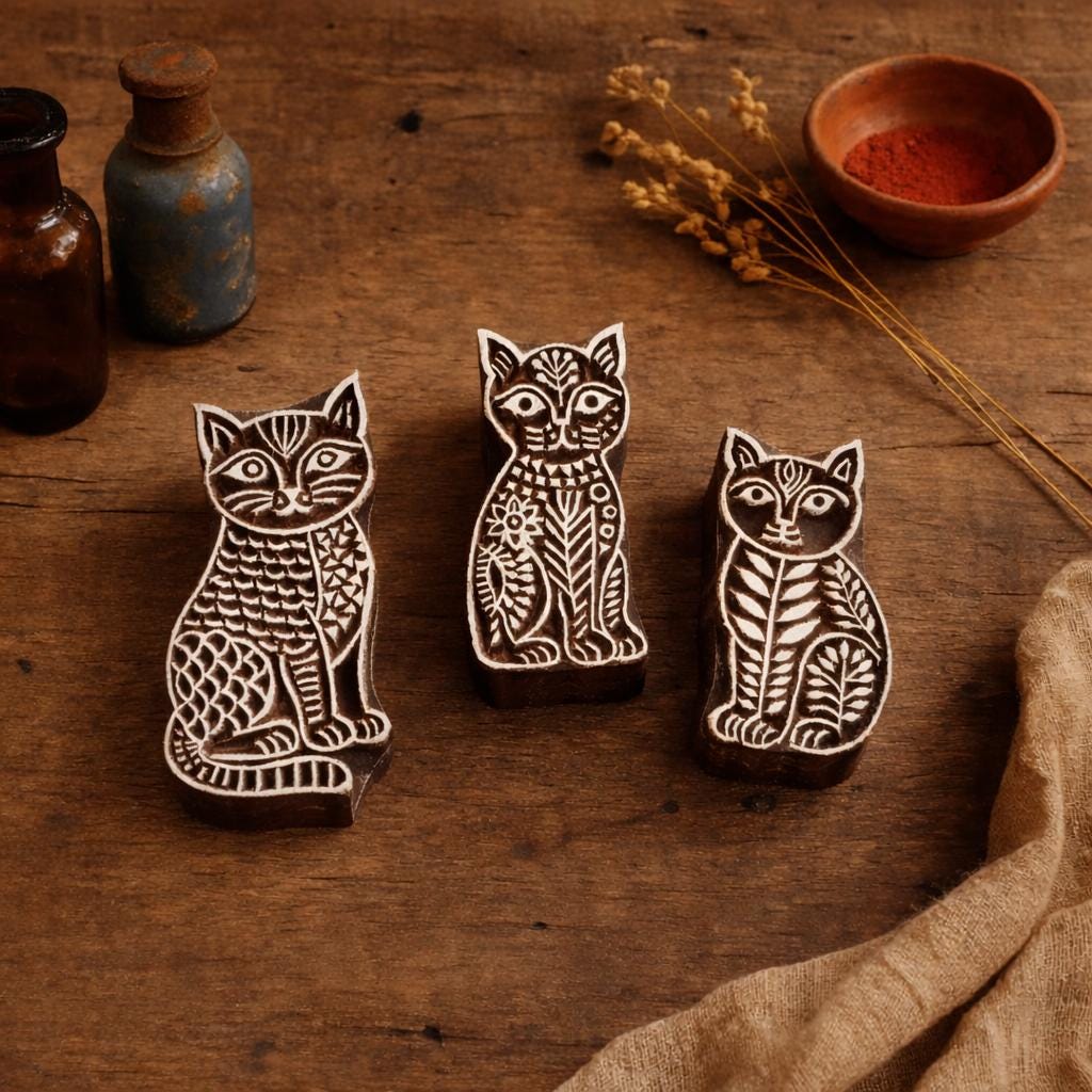 Set of three hand carved wooden block stamps featuring decorative folk art cat designs on a rustic wooden surface